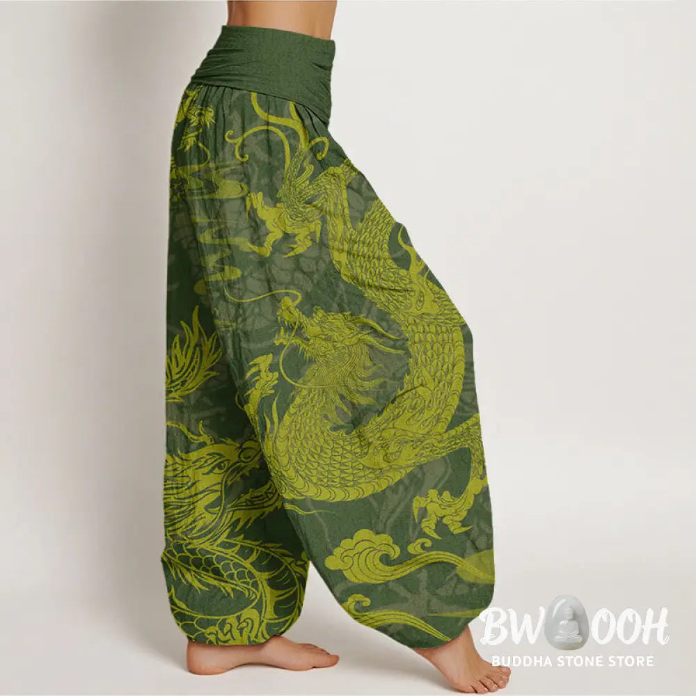 Buddha Stones Cotton Dragon Auspicious Clouds Women’s Elastic Waist Harem Pants - Women’s Harem Pants
