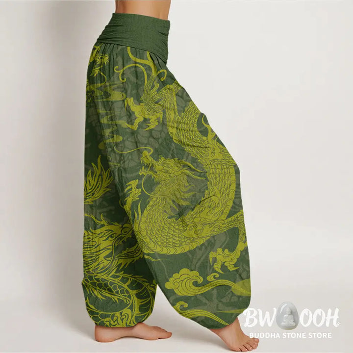 Buddha Stones Cotton Dragon Auspicious Clouds Women’s Elastic Waist Harem Pants - Women’s Harem Pants