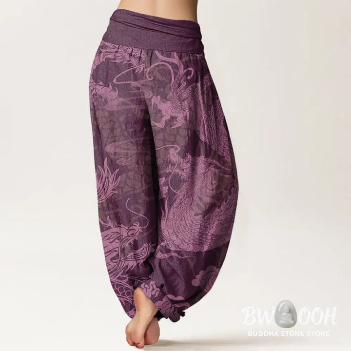 Buddha Stones Cotton Dragon Auspicious Clouds Women’s Elastic Waist Harem Pants - Women’s Harem Pants