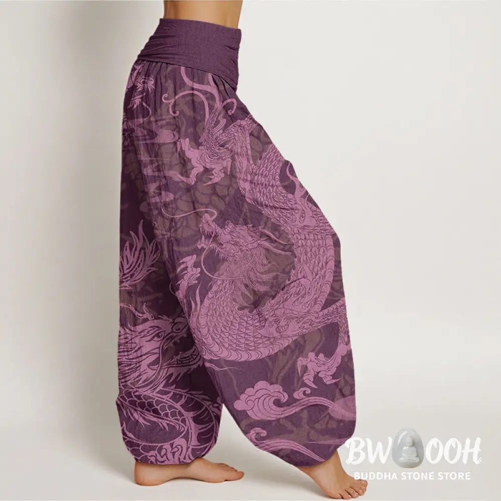 Buddha Stones Cotton Dragon Auspicious Clouds Women’s Elastic Waist Harem Pants - Women’s Harem Pants