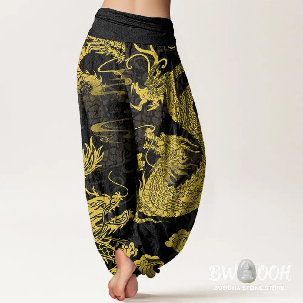 Buddha Stones Cotton Dragon Auspicious Clouds Women’s Elastic Waist Harem Pants - Women’s Harem Pants