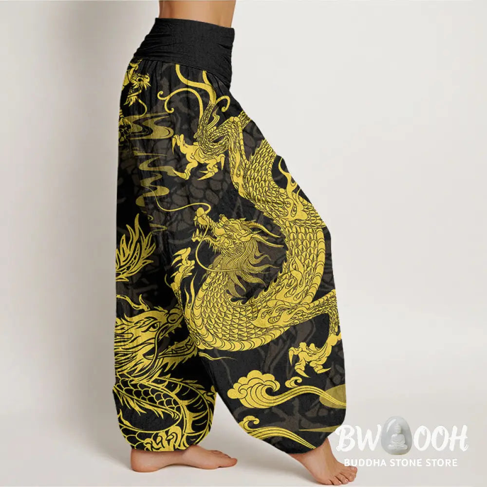 Buddha Stones Cotton Dragon Auspicious Clouds Women’s Elastic Waist Harem Pants - Women’s Harem Pants