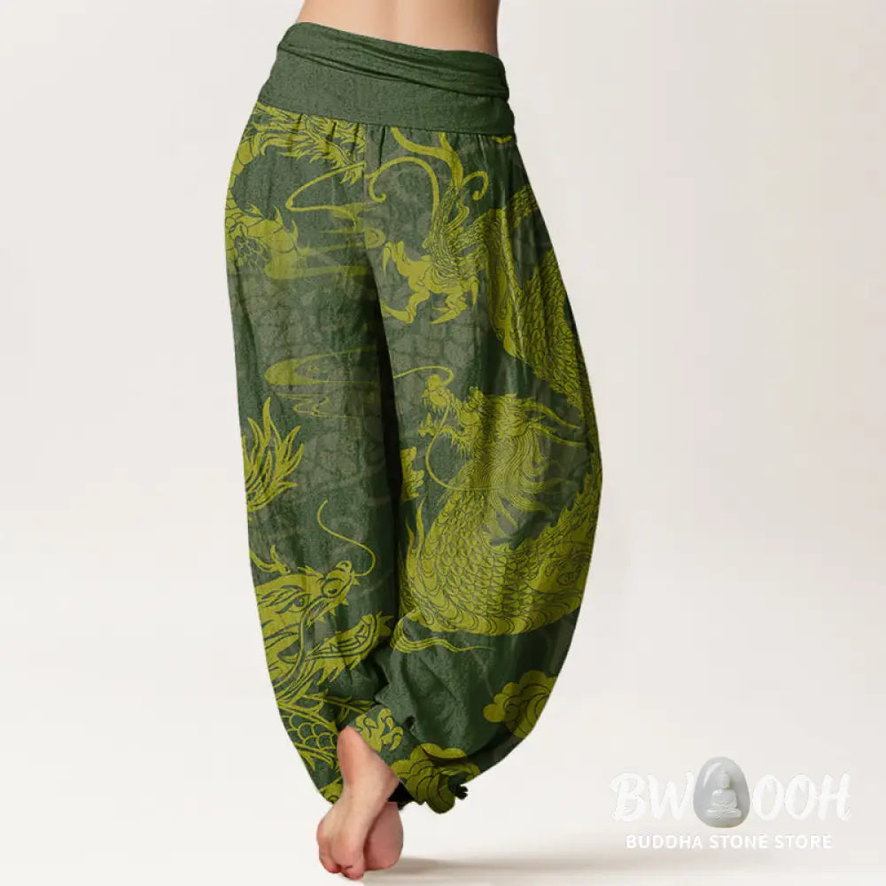 Buddha Stones Cotton Dragon Auspicious Clouds Women’s Elastic Waist Harem Pants - Women’s Harem Pants