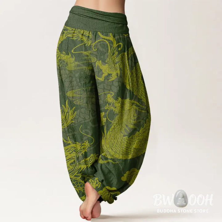 Buddha Stones Cotton Dragon Auspicious Clouds Women’s Elastic Waist Harem Pants - Women’s Harem Pants