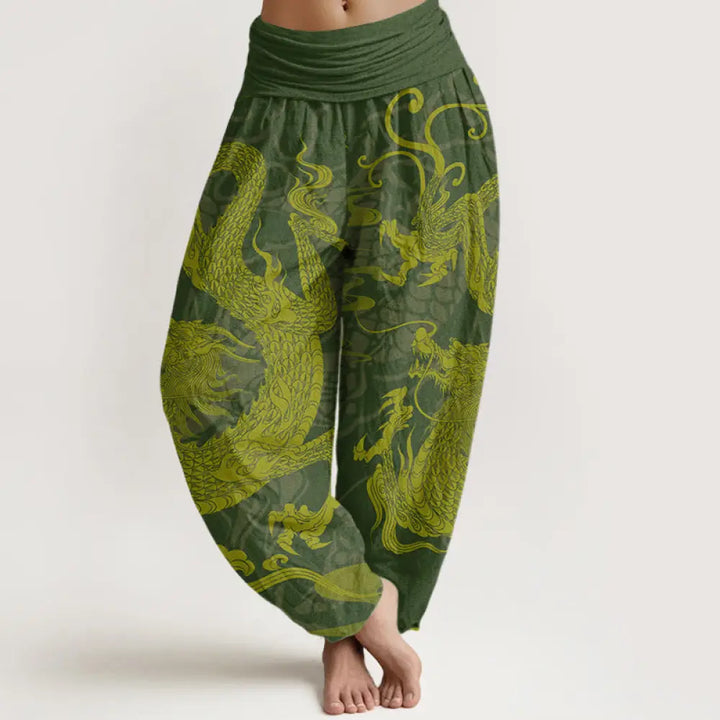 Buddha Stones Cotton Dragon Auspicious Clouds Women’s Elastic Waist Harem Pants - DarkOliveGreen / US2，UK/AU6，EU34 (XS)