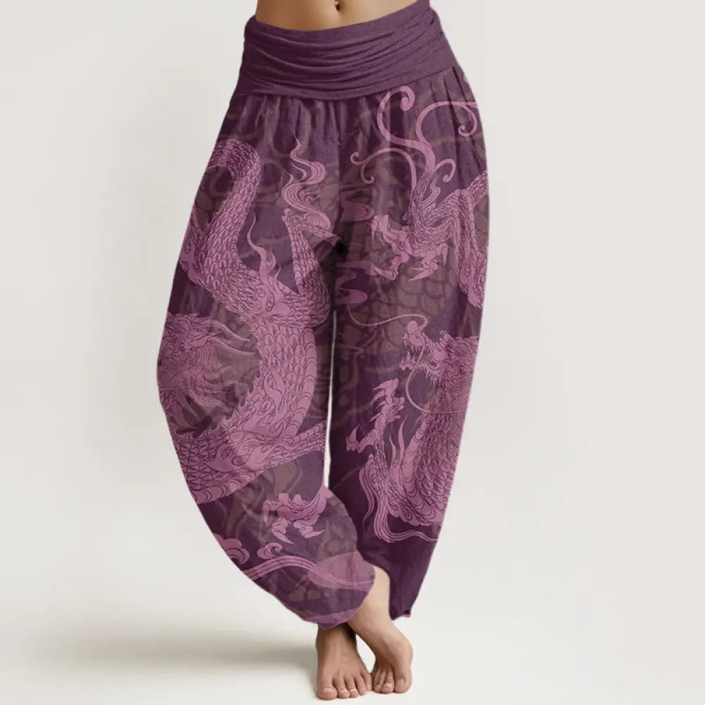 Buddha Stones Cotton Dragon Auspicious Clouds Women’s Elastic Waist Harem Pants - Purple / US2，UK/AU6，EU34 (XS)