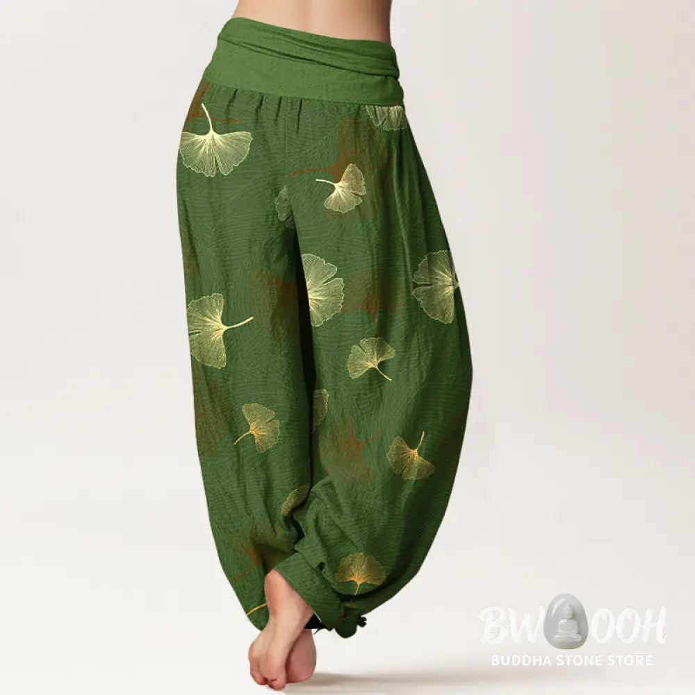 Buddha Stones Cotton Elegant Ginkgo Pattern Women’s Elastic Waist Harem Pants - Women’s Harem Pants