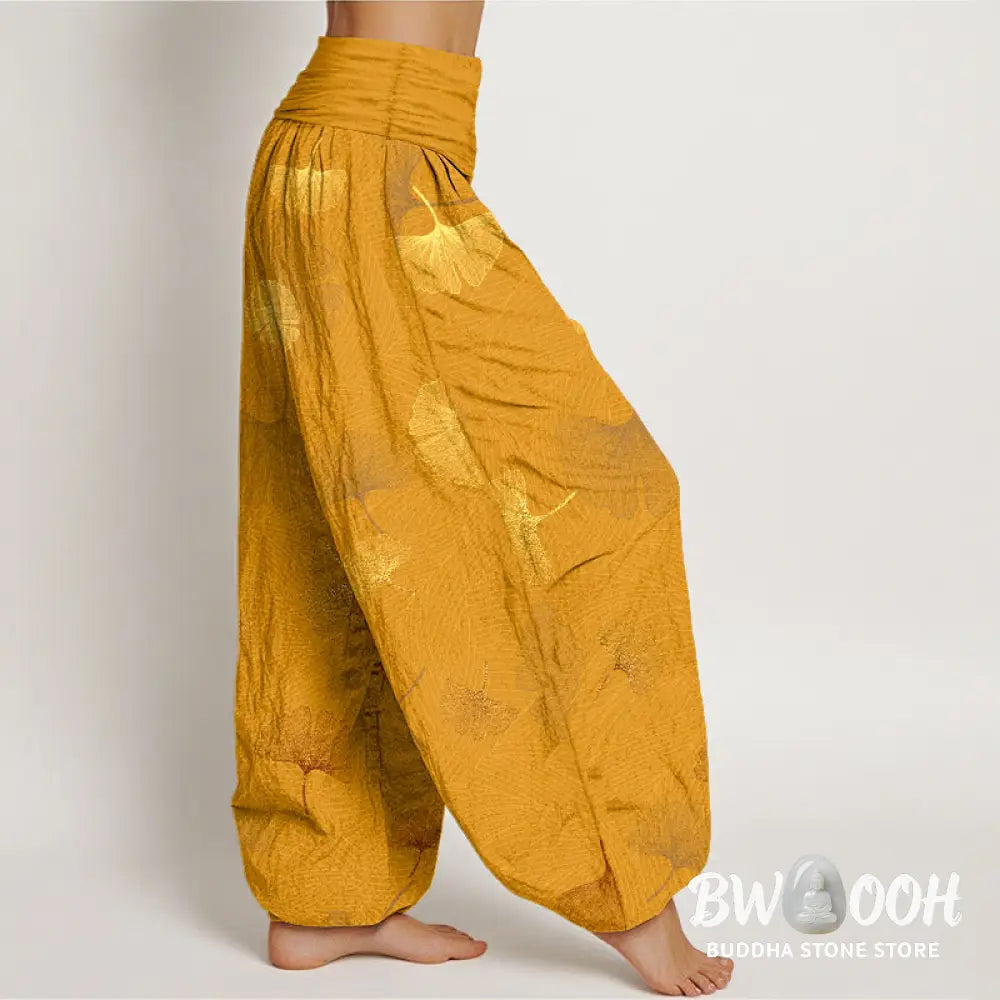 Buddha Stones Cotton Elegant Ginkgo Pattern Women’s Elastic Waist Harem Pants - Women’s Harem Pants