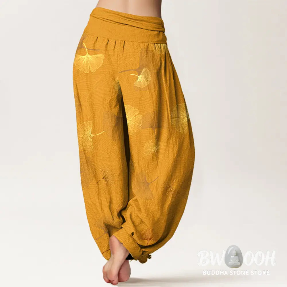 Buddha Stones Cotton Elegant Ginkgo Pattern Women’s Elastic Waist Harem Pants - Women’s Harem Pants