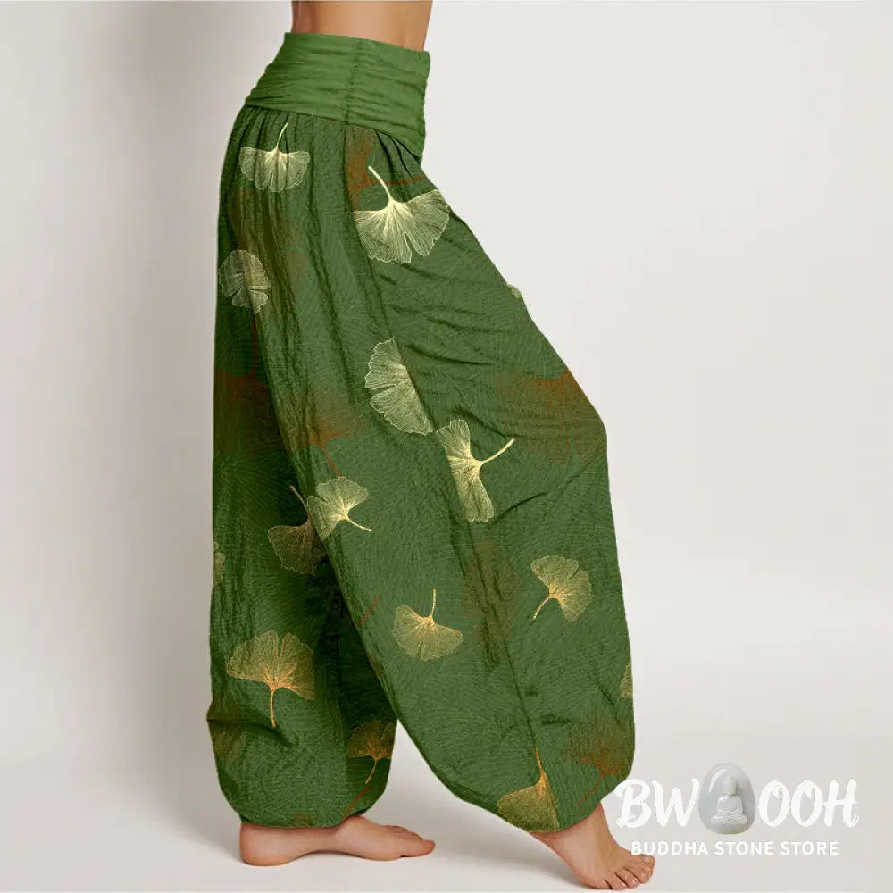 Buddha Stones Cotton Elegant Ginkgo Pattern Women’s Elastic Waist Harem Pants - Women’s Harem Pants