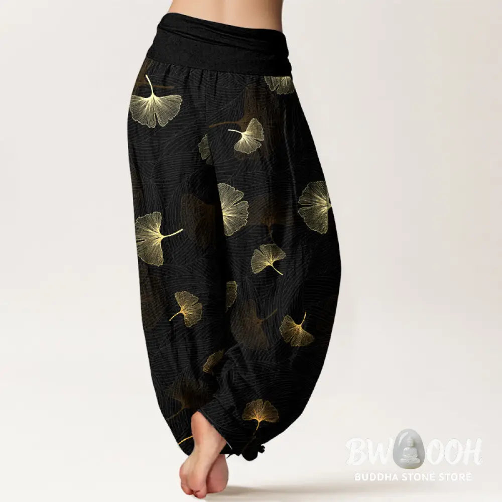 Buddha Stones Cotton Elegant Ginkgo Pattern Women’s Elastic Waist Harem Pants - Women’s Harem Pants