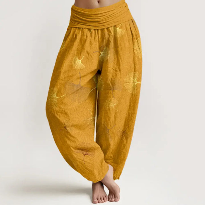 Buddha Stones Cotton Elegant Ginkgo Pattern Women’s Elastic Waist Harem Pants - Goldenrod / US2，UK/AU6，EU34 (XS)