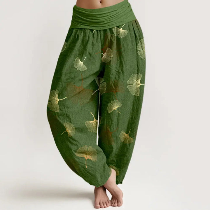 Buddha Stones Cotton Elegant Ginkgo Pattern Women’s Elastic Waist Harem Pants - Green / US2，UK/AU6，EU34 (XS) - Women’s