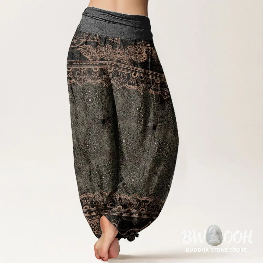 Buddha Stones Cotton Elegant Mandala Flowers Design Women’s Elastic Waist Harem Pants - Women’s Harem Pants
