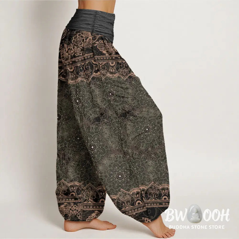 Buddha Stones Cotton Elegant Mandala Flowers Design Women’s Elastic Waist Harem Pants - Women’s Harem Pants