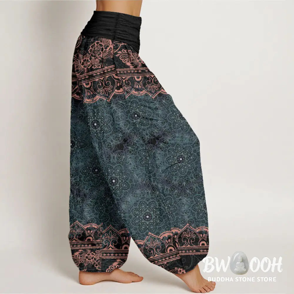 Buddha Stones Cotton Elegant Mandala Flowers Design Women’s Elastic Waist Harem Pants - Women’s Harem Pants