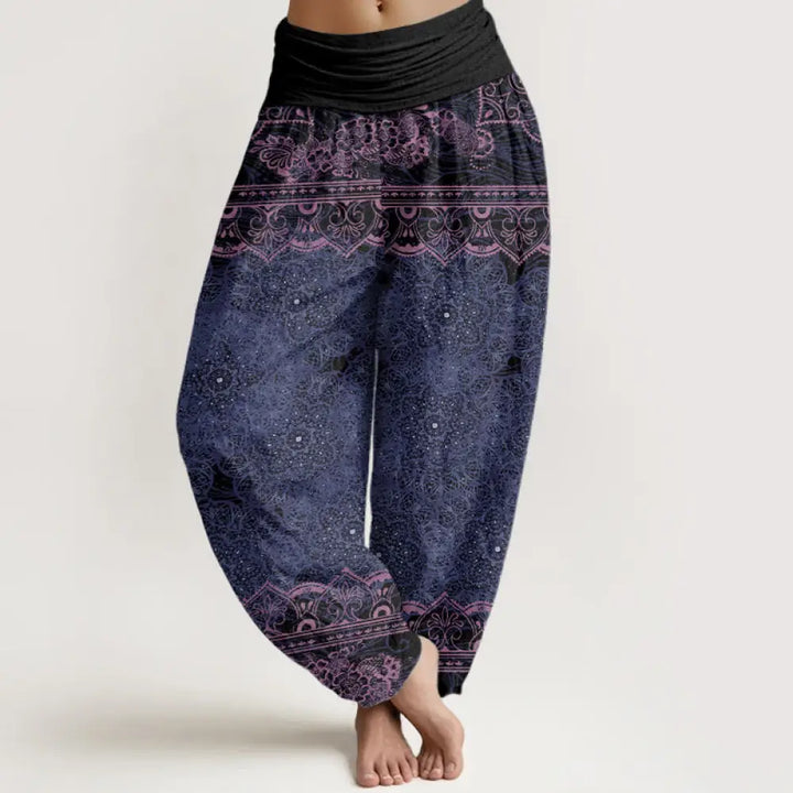 Buddha Stones Cotton Elegant Mandala Flowers Design Women’s Elastic Waist Harem Pants - MediumPurple / US2，UK/AU6，EU34