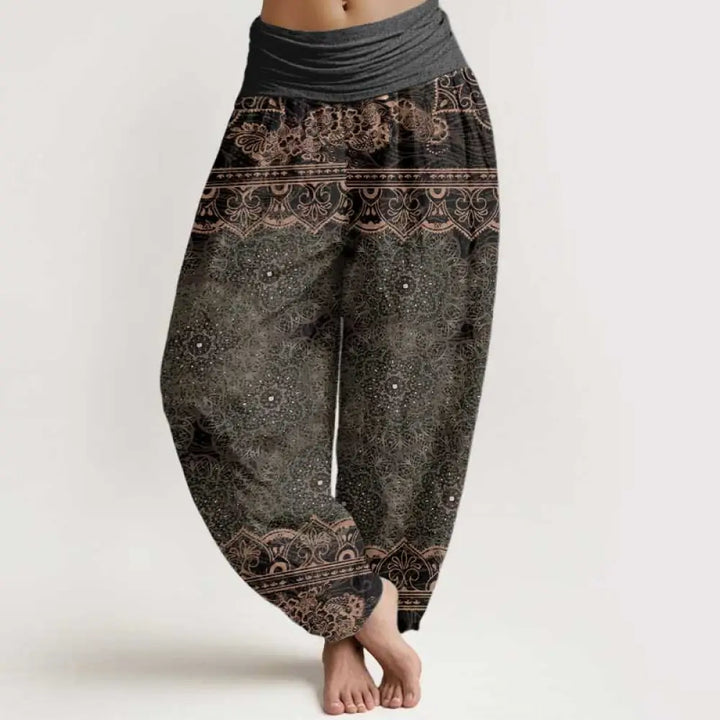 Buddha Stones Cotton Elegant Mandala Flowers Design Women’s Elastic Waist Harem Pants - OliveDrab / US2，UK/AU6，EU34