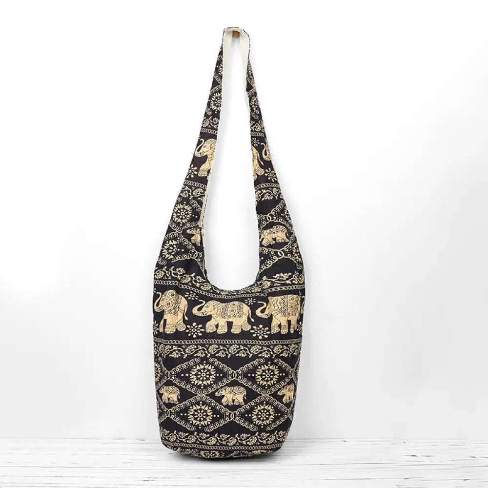 Buddha Stones Cotton Elephant Stripes Crossbody Bag Shoulder Bag - Black Beige Elephant Stripes 36*19*34cm - Crossbody