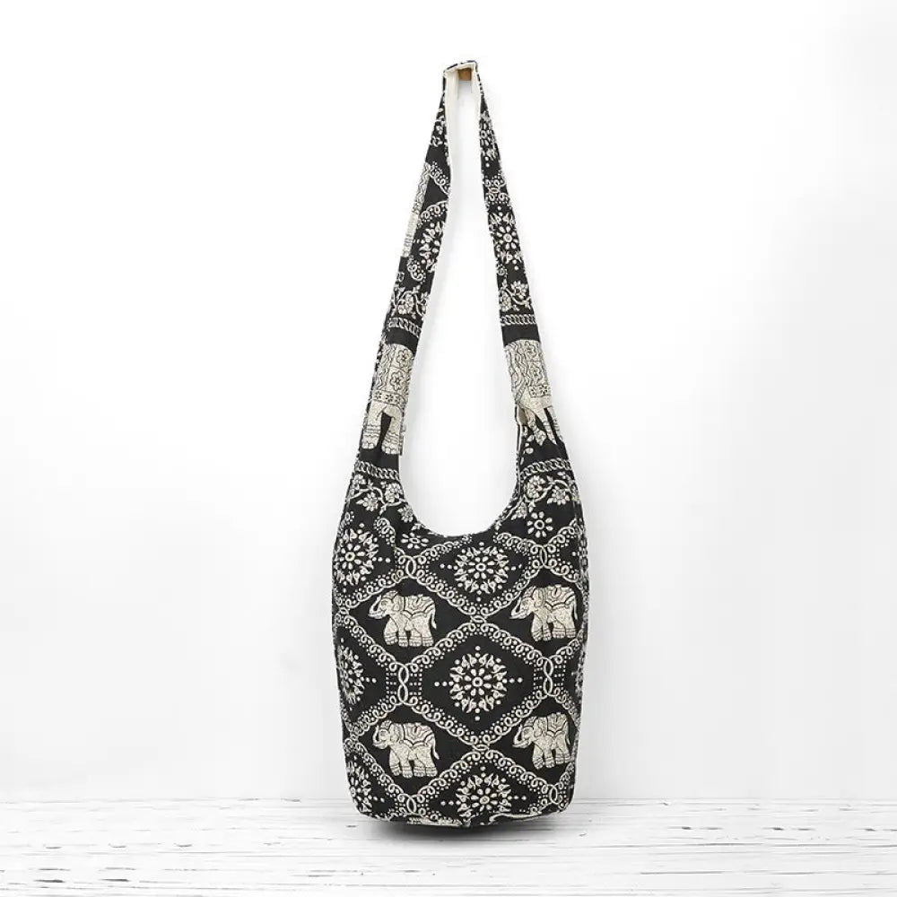 Buddha Stones Cotton Elephant Stripes Crossbody Bag Shoulder Bag - Black White Elephant Stripes 36*19*34cm - Crossbody