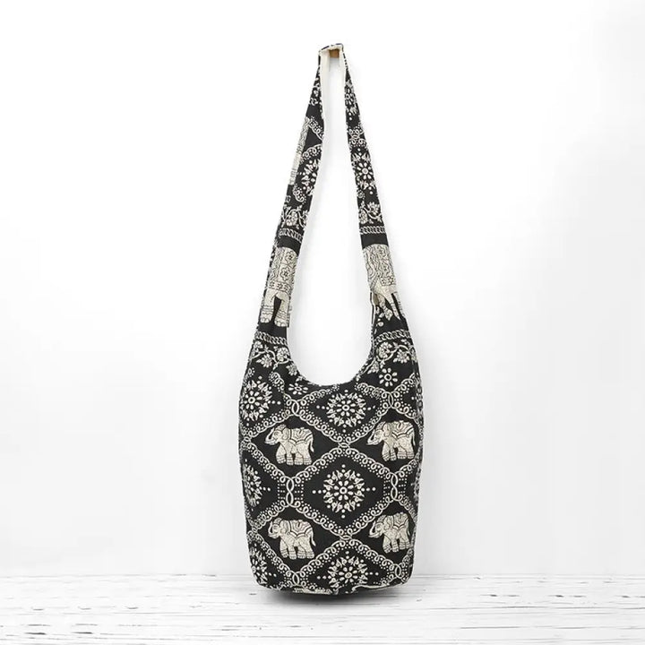 Buddha Stones Cotton Elephant Stripes Crossbody Bag Shoulder Bag - Black White Elephant Stripes 36*19*34cm - Crossbody