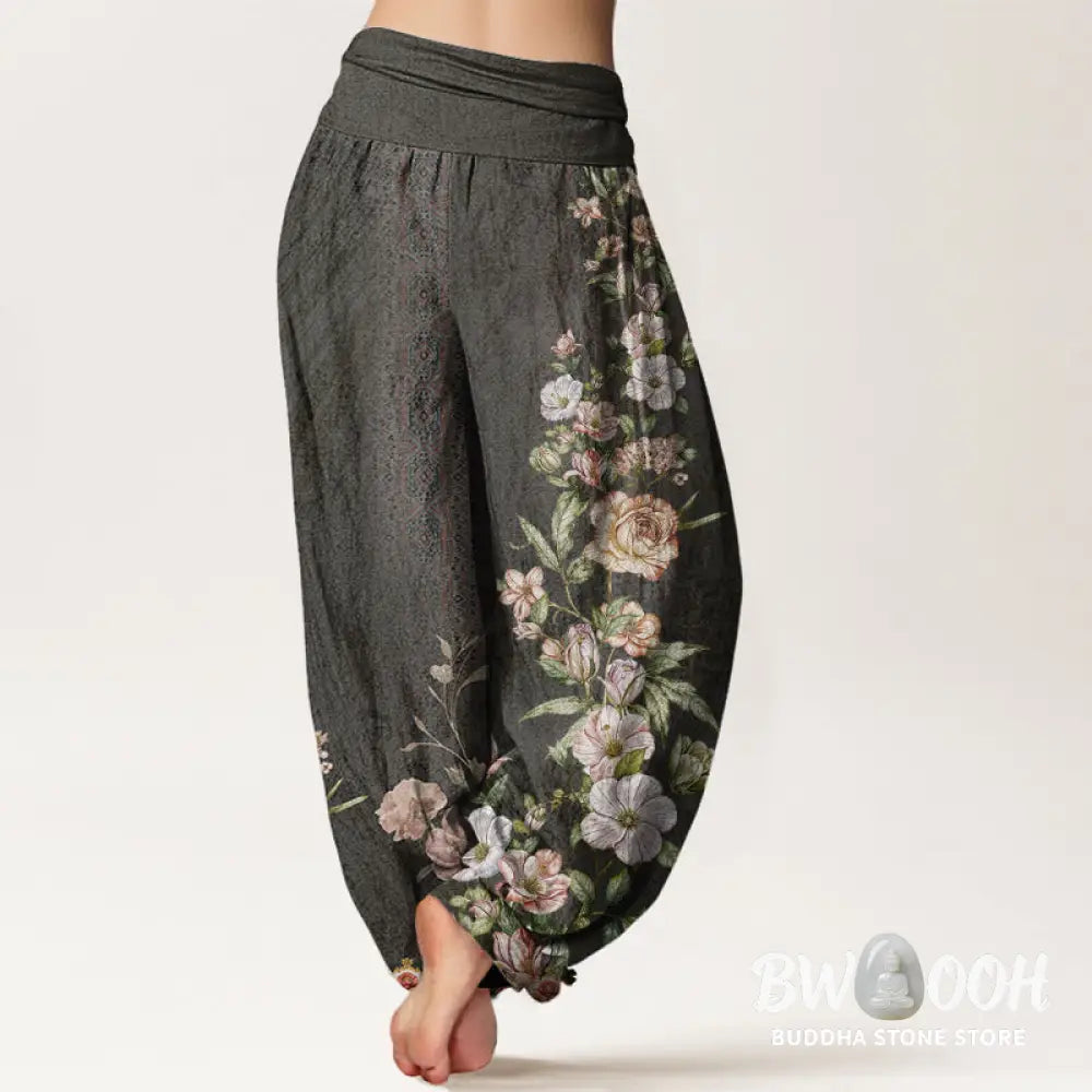 Buddha Stones Cotton Ethnic Floral Ethnic Totem Pattern Women’s Elastic Waist Harem Pants - Women’s Harem Pants