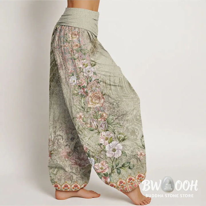 Buddha Stones Cotton Ethnic Floral Ethnic Totem Pattern Women’s Elastic Waist Harem Pants - Women’s Harem Pants