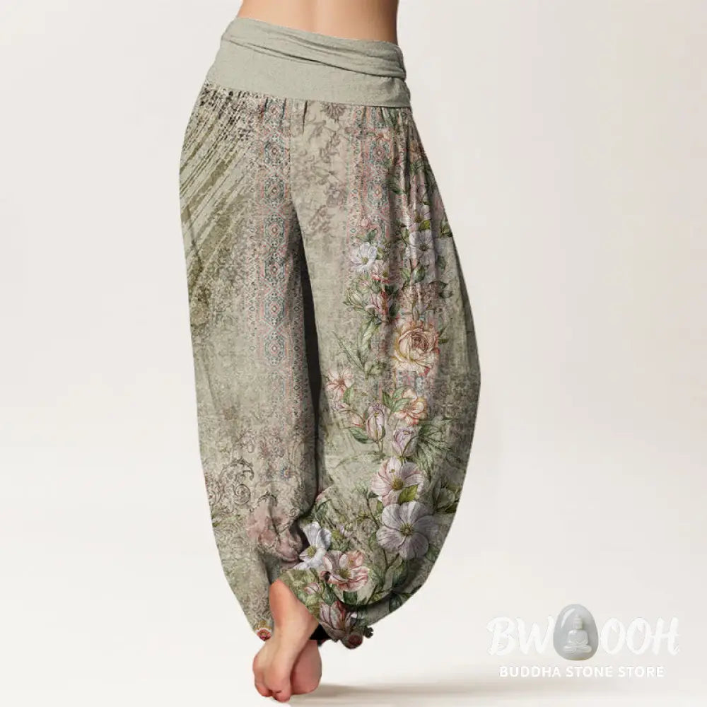 Buddha Stones Cotton Ethnic Floral Ethnic Totem Pattern Women’s Elastic Waist Harem Pants - Women’s Harem Pants