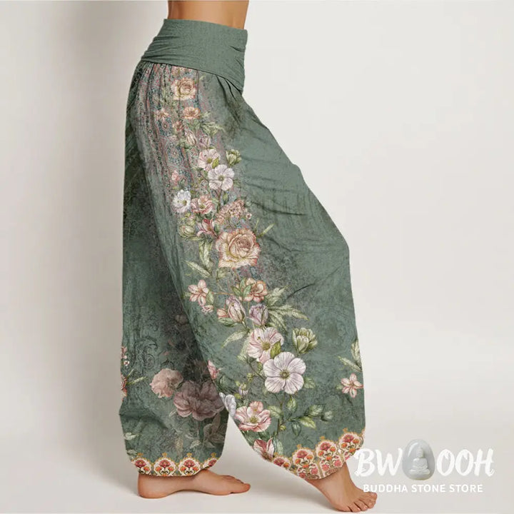 Buddha Stones Cotton Ethnic Floral Ethnic Totem Pattern Women’s Elastic Waist Harem Pants - Women’s Harem Pants
