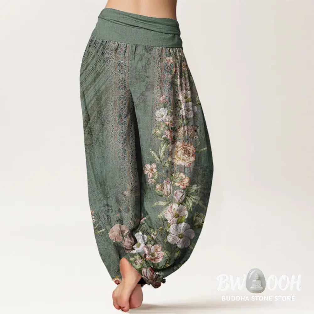 Buddha Stones Cotton Ethnic Floral Ethnic Totem Pattern Women’s Elastic Waist Harem Pants - Women’s Harem Pants