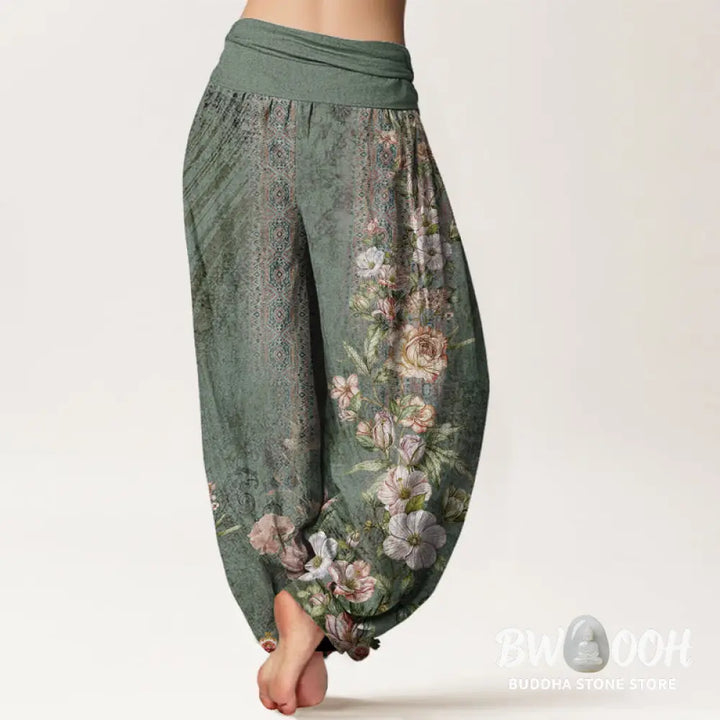 Buddha Stones Cotton Ethnic Floral Ethnic Totem Pattern Women’s Elastic Waist Harem Pants - Women’s Harem Pants