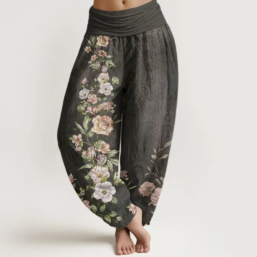 Buddha Stones Cotton Ethnic Floral Ethnic Totem Pattern Women’s Elastic Waist Harem Pants - Black / US2，UK/AU6，EU34