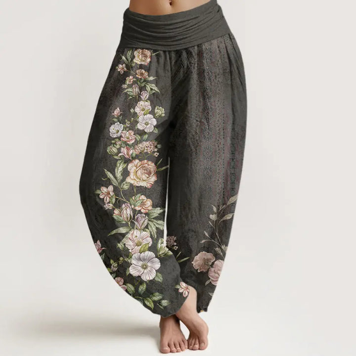 Buddha Stones Cotton Ethnic Floral Ethnic Totem Pattern Women’s Elastic Waist Harem Pants - Black / US2，UK/AU6，EU34