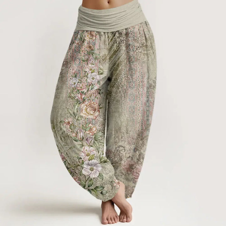 Buddha Stones Cotton Ethnic Floral Ethnic Totem Pattern Women’s Elastic Waist Harem Pants - DarkSeaGreen