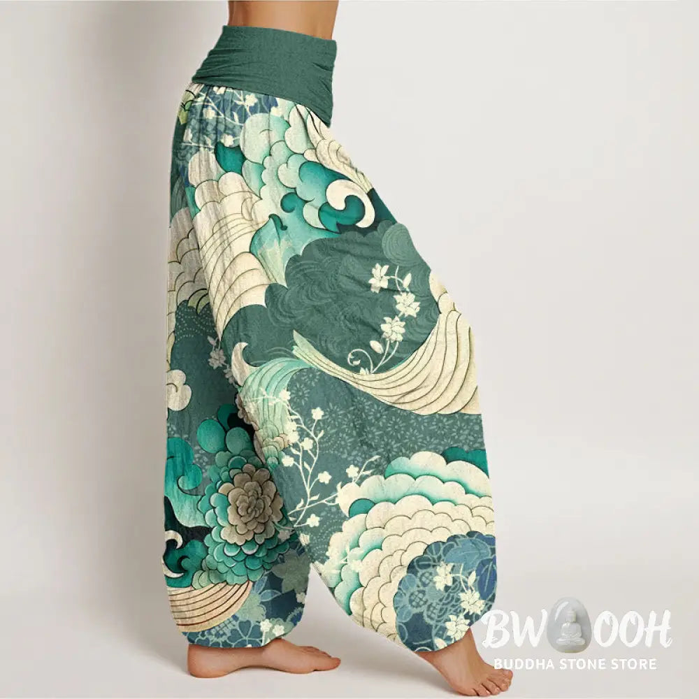 Buddha Stones Cotton Flower Wave Pattern Women’s Elastic Waist Harem Pants - Women’s Harem Pants