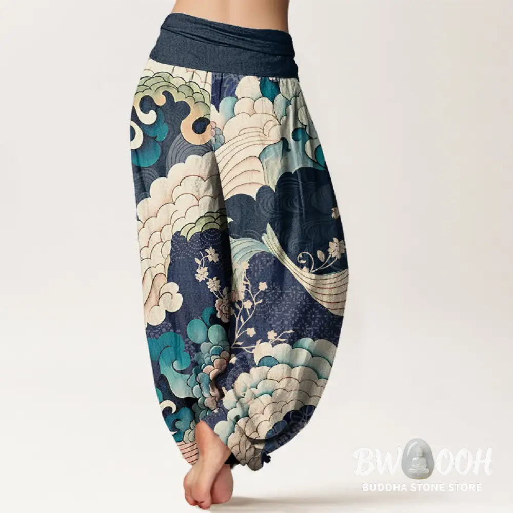 Buddha Stones Cotton Flower Wave Pattern Women’s Elastic Waist Harem Pants - Women’s Harem Pants