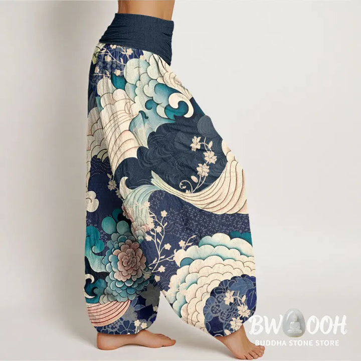 Buddha Stones Cotton Flower Wave Pattern Women’s Elastic Waist Harem Pants - Women’s Harem Pants