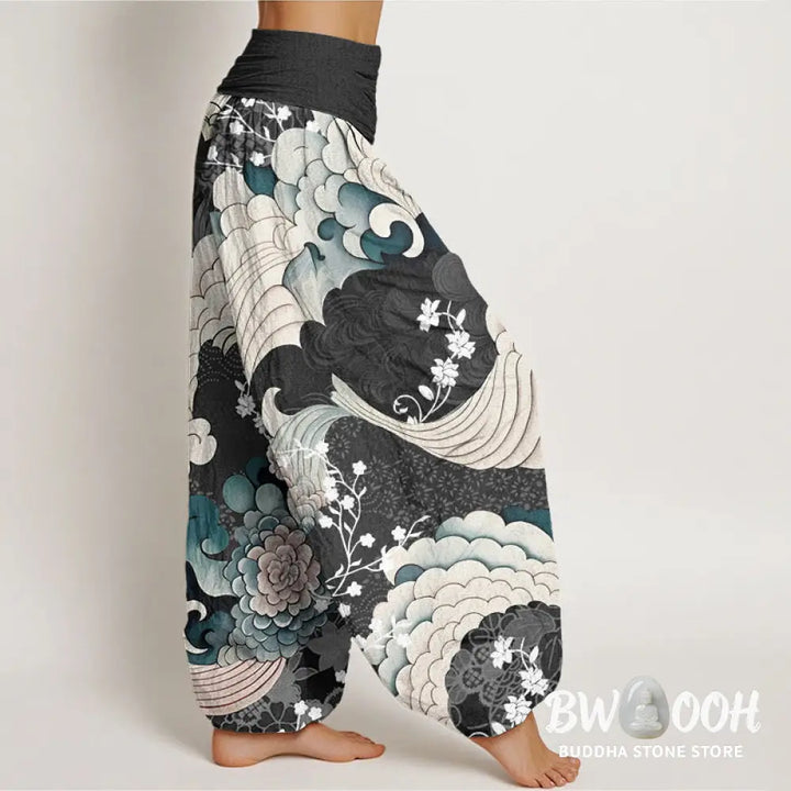 Buddha Stones Cotton Flower Wave Pattern Women’s Elastic Waist Harem Pants - Women’s Harem Pants