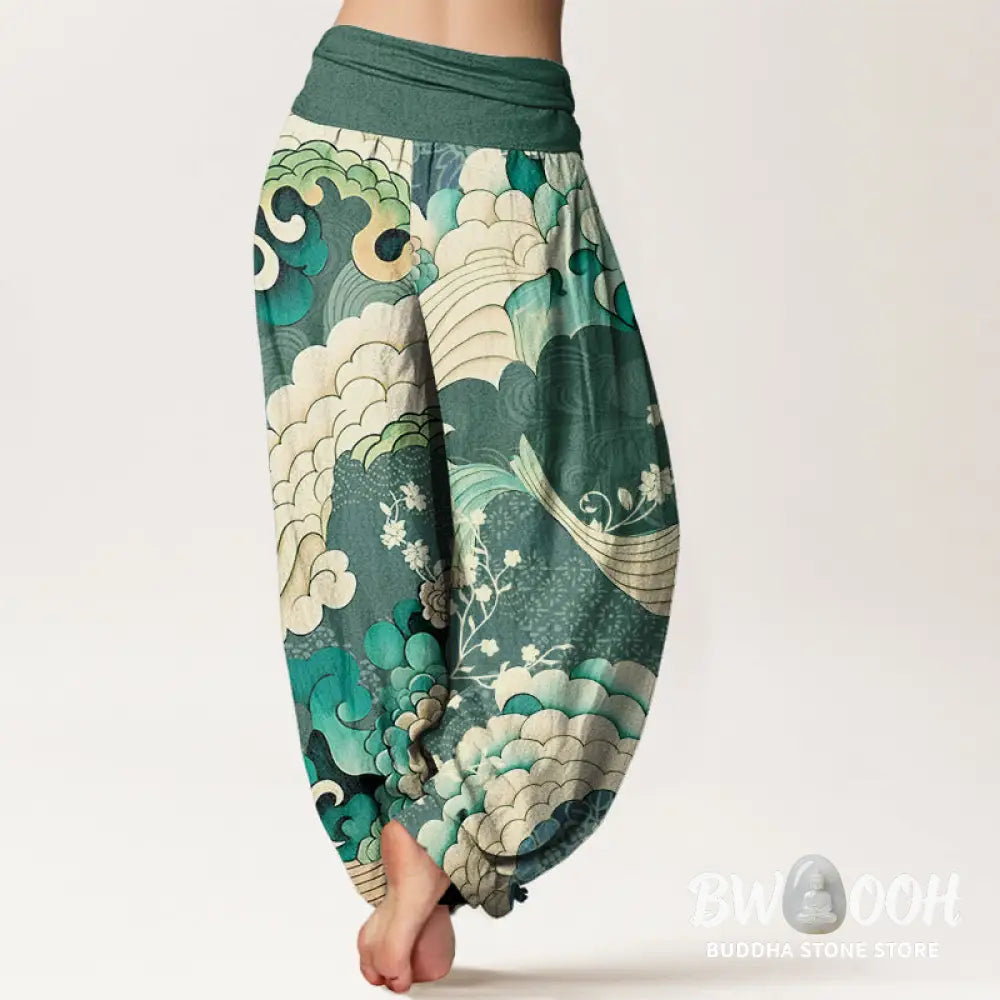Buddha Stones Cotton Flower Wave Pattern Women’s Elastic Waist Harem Pants - Women’s Harem Pants