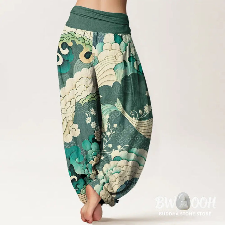 Buddha Stones Cotton Flower Wave Pattern Women’s Elastic Waist Harem Pants - Women’s Harem Pants