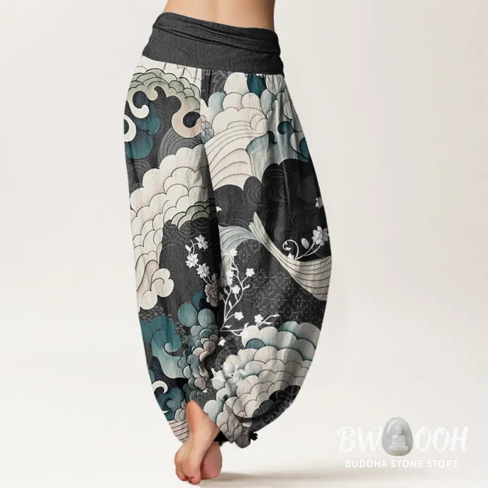 Buddha Stones Cotton Flower Wave Pattern Women’s Elastic Waist Harem Pants - Women’s Harem Pants