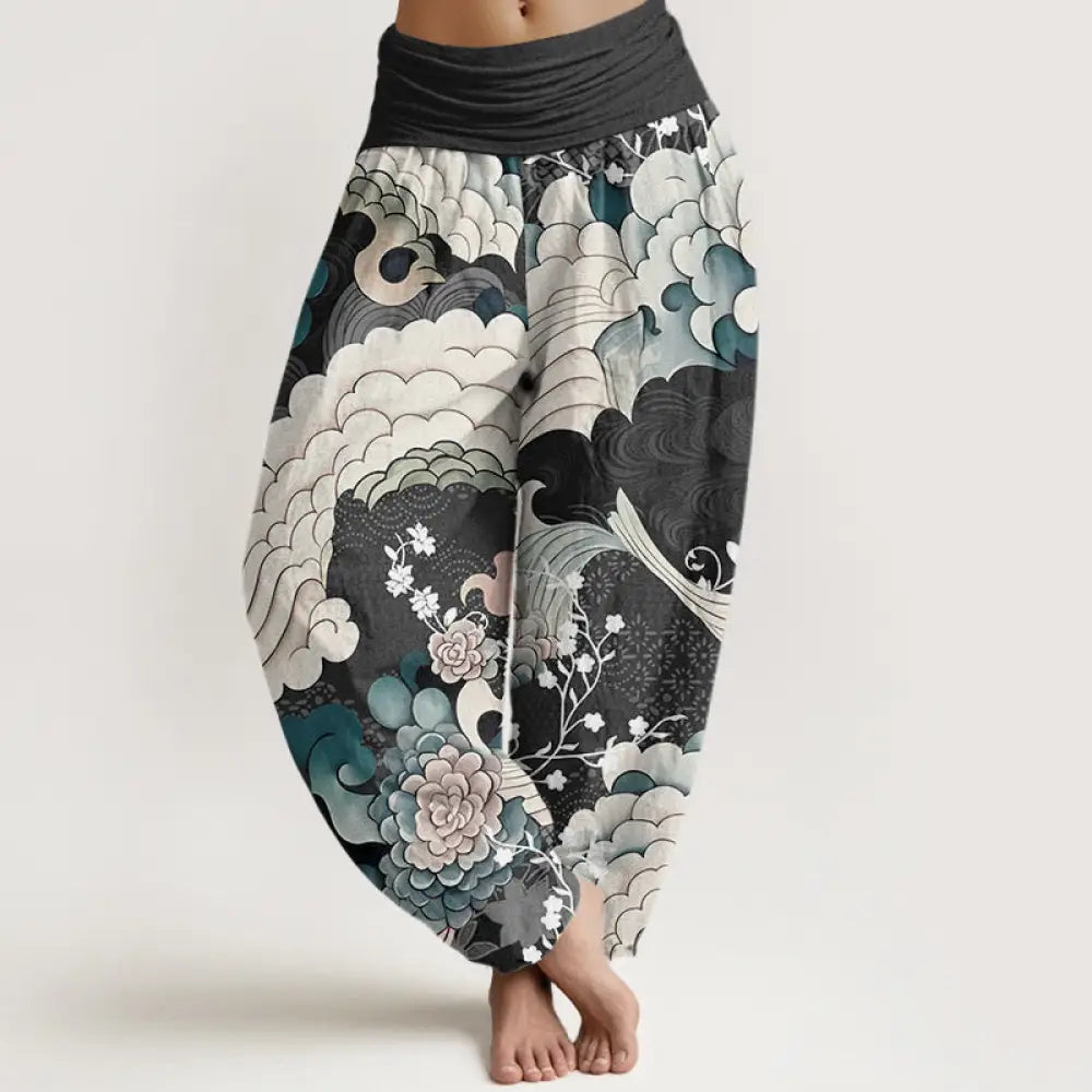 Buddha Stones Cotton Flower Wave Pattern Women’s Elastic Waist Harem Pants - Black / US2，UK/AU6，EU34 (XS) - Women’s