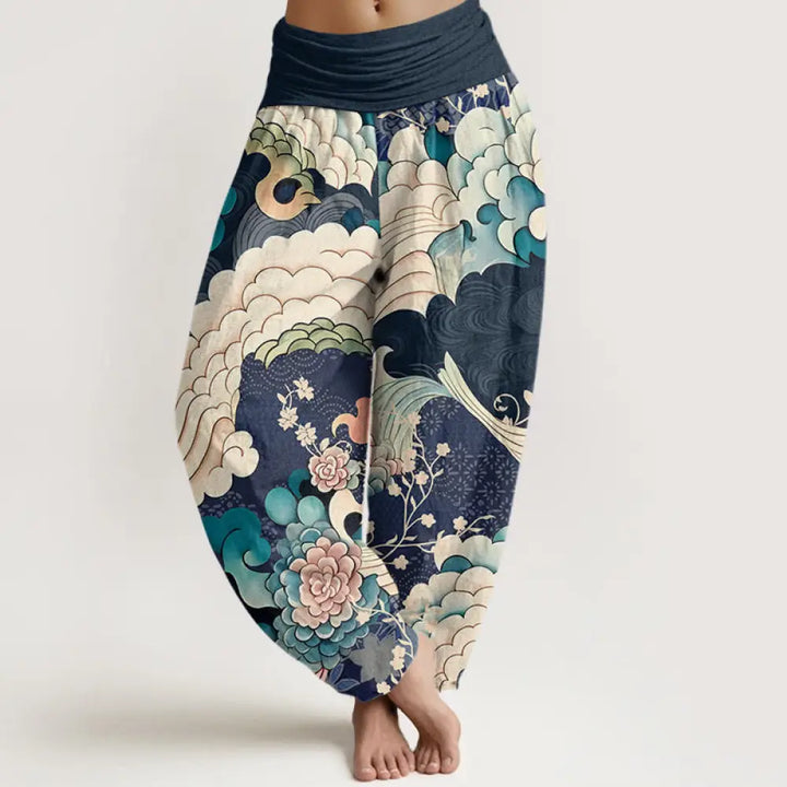 Buddha Stones Cotton Flower Wave Pattern Women’s Elastic Waist Harem Pants - MidnightBlue / US2，UK/AU6，EU34 (XS)