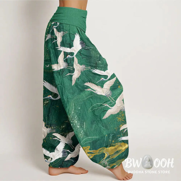 Buddha Stones Cotton Flying White Cranes Auspicious Clouds Design Women’s Elastic Waist Harem Pants - Women’s Harem