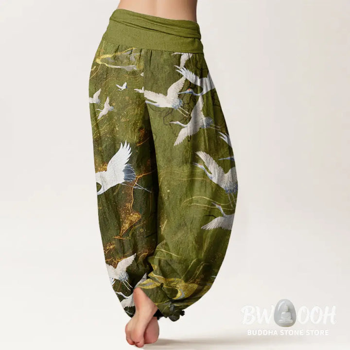 Buddha Stones Cotton Flying White Cranes Auspicious Clouds Design Women’s Elastic Waist Harem Pants - Women’s Harem