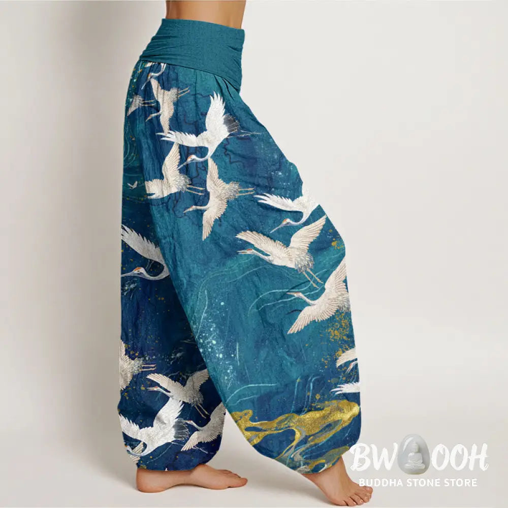 Buddha Stones Cotton Flying White Cranes Auspicious Clouds Design Women’s Elastic Waist Harem Pants - Women’s Harem