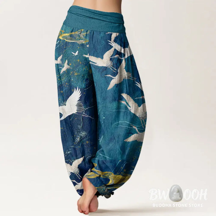 Buddha Stones Cotton Flying White Cranes Auspicious Clouds Design Women’s Elastic Waist Harem Pants - Women’s Harem
