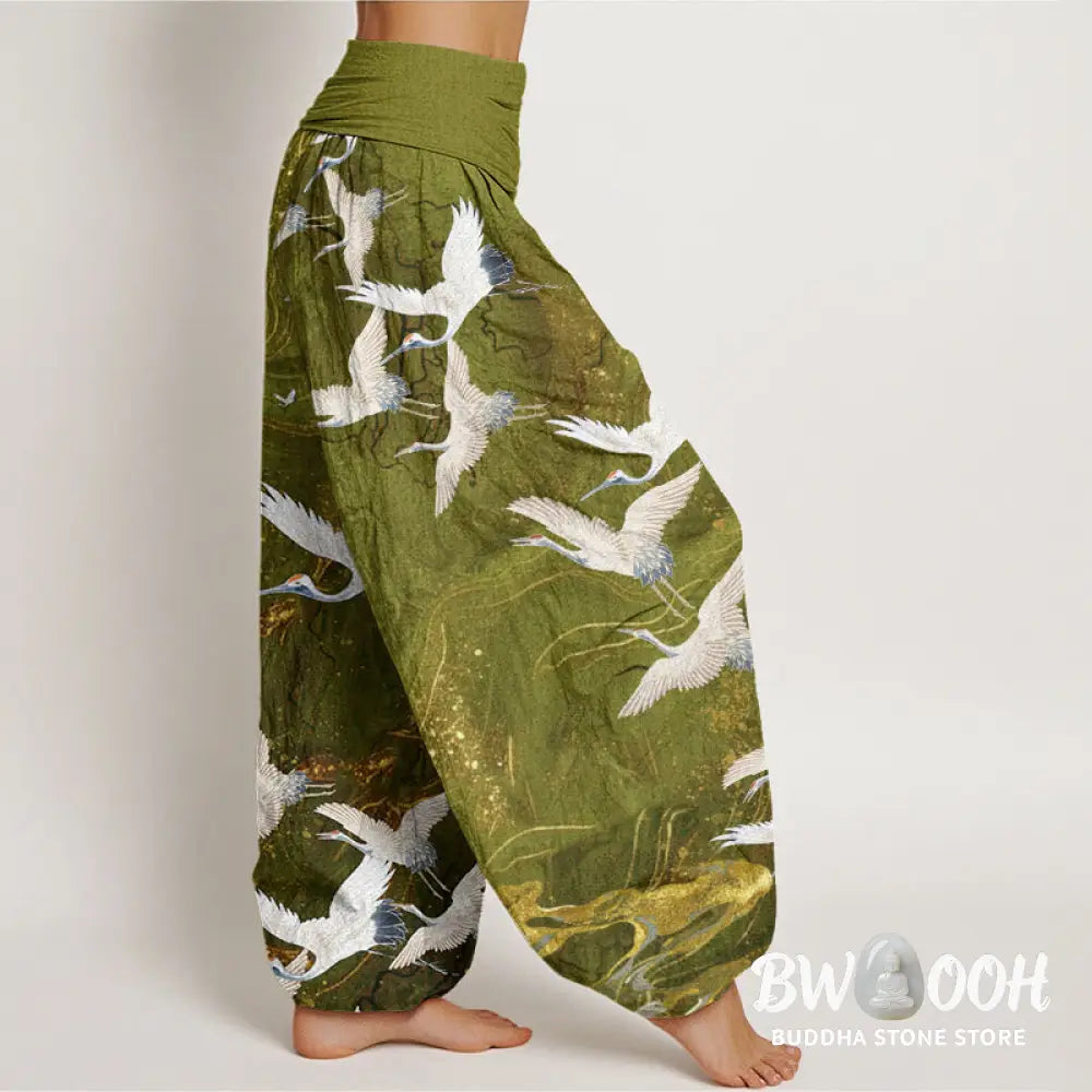 Buddha Stones Cotton Flying White Cranes Auspicious Clouds Design Women’s Elastic Waist Harem Pants - Women’s Harem