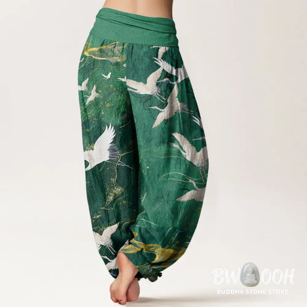 Buddha Stones Cotton Flying White Cranes Auspicious Clouds Design Women’s Elastic Waist Harem Pants - Women’s Harem