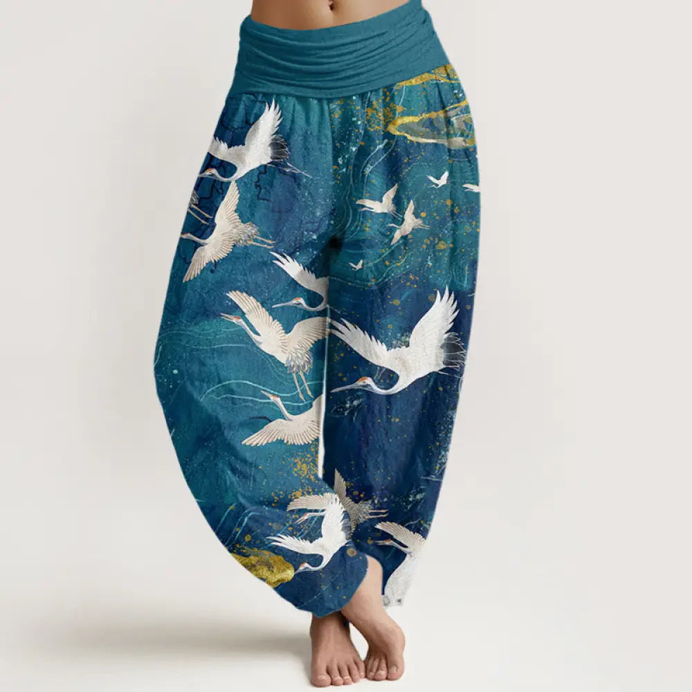 Buddha Stones Cotton Flying White Cranes Auspicious Clouds Design Women’s Elastic Waist Harem Pants - DarkCyan